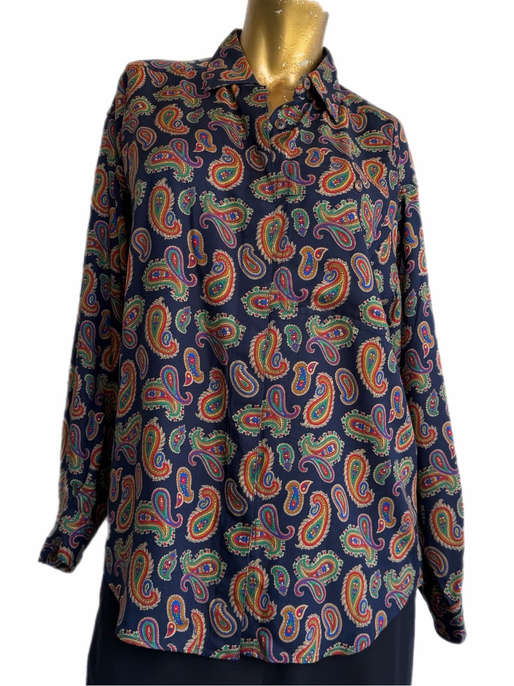 Vintage 90s Lizsport  Navy colorful Paisley Rayon Collared Button-down Shirt L